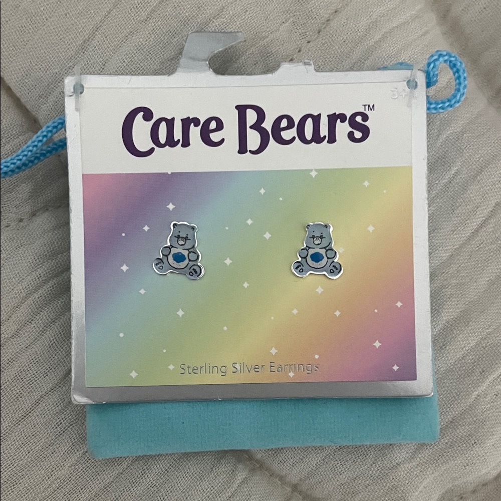 NOS Vintage Care Bears Blue Grumpy Bear 925 Sterling Silver Enamel drop Earrings